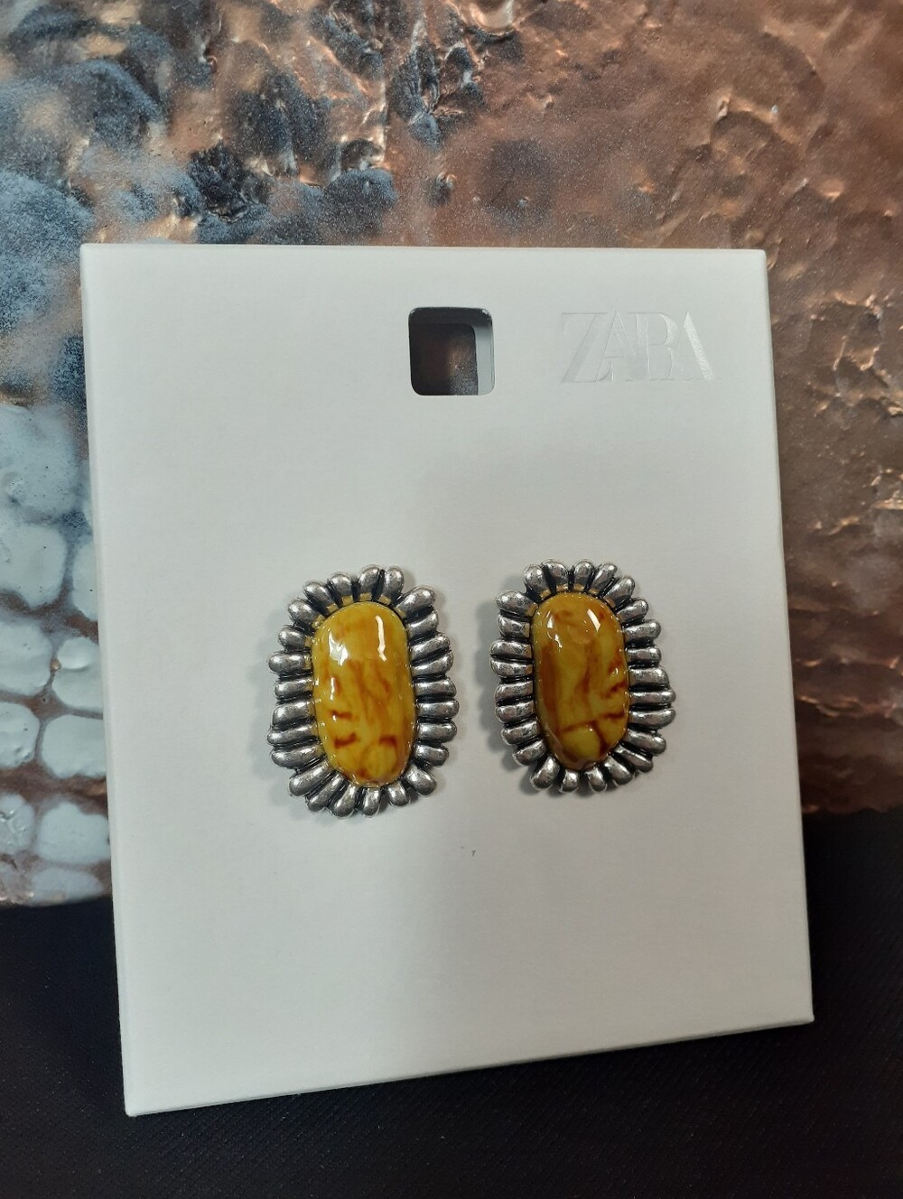 Zara Nwt Silvertone And Resin Statement Earrings